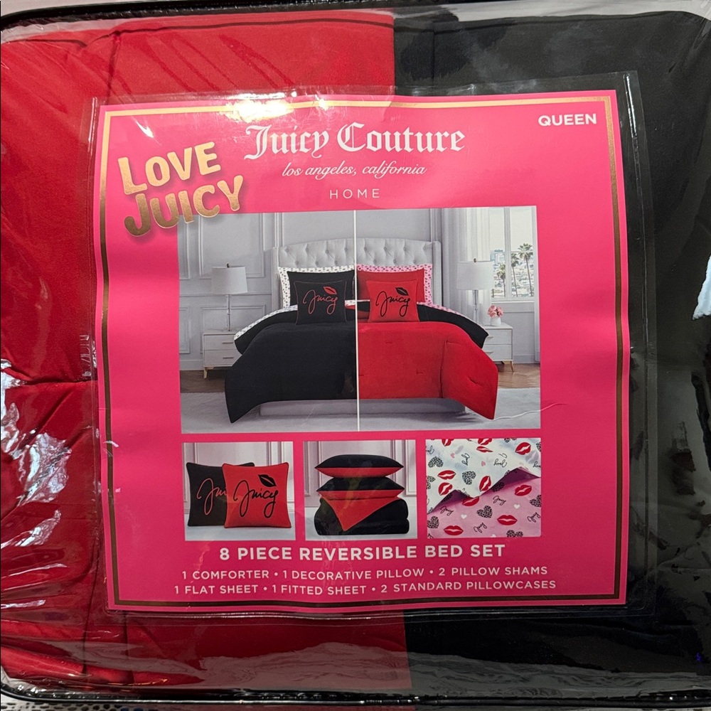 Juicy Couture Queen Size Black & Red 8 Piece Reversible Bed Set